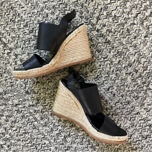 Steven Steve Madden Stunner Black Leather Platform Wedge Espadrille Sandal sz 8